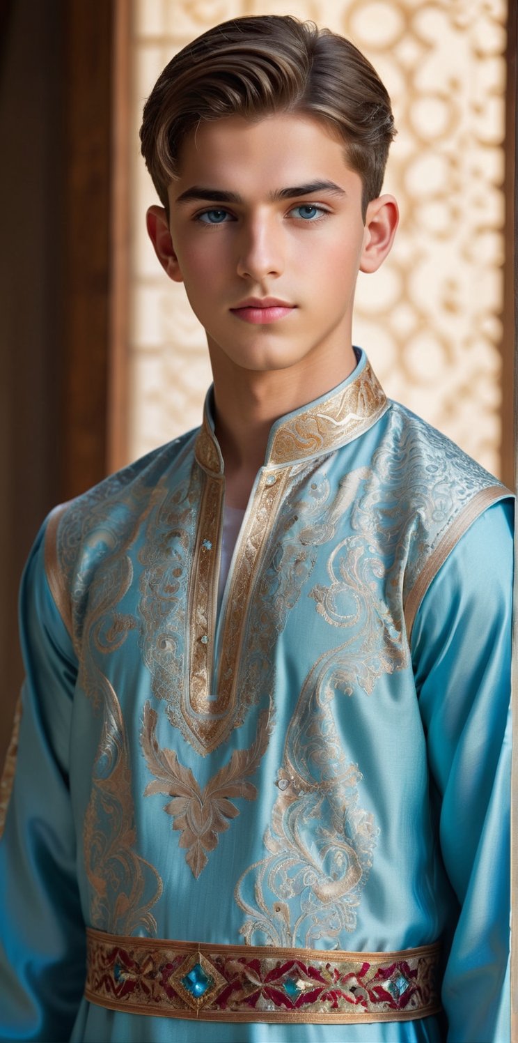 anime style,16years old beautiful boy wearing a luxurious Middle Eastern thobe, muscular, Depth and Dimension in the Pupils, So beautiful ligth blue eyes, (short beard:1.5), Envision the thobe with intricate details, featuring opulent embroidery, rich fabrics, and elaborate patterns, Picture the boy adorned in a palette of vibrant colors, reflecting the elegance and craftsmanship of traditional Middle Eastern attire. Optimize for a visually captivating composition that highlights the exquisite design of the thobe, creating a scene that celebrates the beauty of cultural richness,