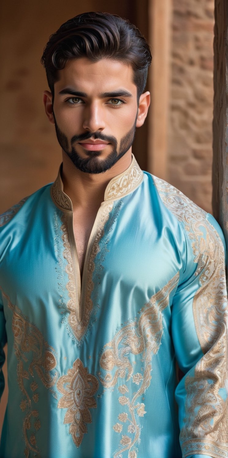 26years old beautiful hispanic man wearing a luxurious Middle Eastern thobe, muscular, bodybuilder, big body, dark black hair, Depth and Dimension in the Pupils, So beautiful ligth blue eyes, (short beard:1.5), chest hair, showing chest, Envision the thobe with intricate details, featuring opulent embroidery, rich fabrics, and elaborate patterns, Picture the boy adorned in a palette of vibrant colors, reflecting the elegance and craftsmanship of traditional Middle Eastern attire. Optimize for a visually captivating composition that highlights the exquisite design of the thobe, creating a scene that celebrates the beauty of cultural richness,