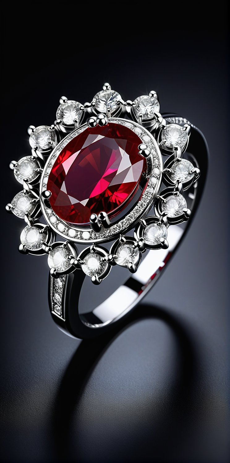 Imagine the following scene:

on a black background. Floating a beautiful silver ring. The ring in the center with a large ruby, the ruby ​​of an intense, brilliant red. It has many details that adorn and embellish the ring.
A backlight illuminates only the ring.

(photorealistic), masterpiece: 1.5, beautiful lighting, best quality, beautiful lighting, realistic and natural image, intricate details, everything in focus, perfect focus, photography, masterpiece, small nuances, Supreme Resolution, 32K, ultra-sharp quality and details.