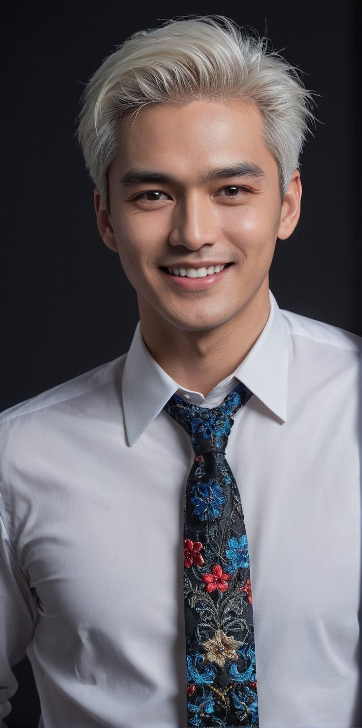 
Imagine the following scene.

A half-length photograph of a handsome man, who smiles at the camera.

The man wears a white shirt embroidered with many laces, with many embroidery details. The shirt fitted to the body and very transparent. Black boots. Colorful tie, very modern and fashionable blue gradient.

The man is Canadian, very bright and large blue eyes. Full red lips, long eyelashes, masculine, alpha male. With a toned body, thick legs. White hair as a kpop idol.

The man faces the camera, looks mischievously and smiles.

Black background