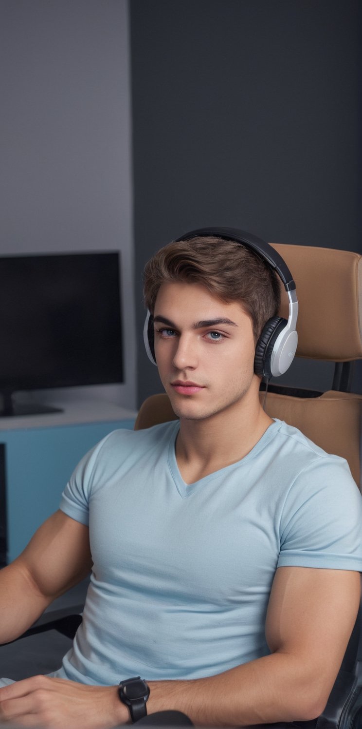 Imagine the following scene. A handsome man sitting in a computer chair, a gamer chair.

The man is beautiful, Arab, 20 years old, very muscular, very masculine. Very light blue eyes, big and bright eyes, full and sensual lips, long eyelashes, light brown hair, short hair.

The man is sitting in a computer gamer's chair, a very wide and comfortable chair, in front of him he has a computer. One of his hands is on the computer mouse.

Wear casual and sports clothing. He has computer headphones over his ears.

The image is taken from afar, you can see the man in the center of the image and the details of the scene.