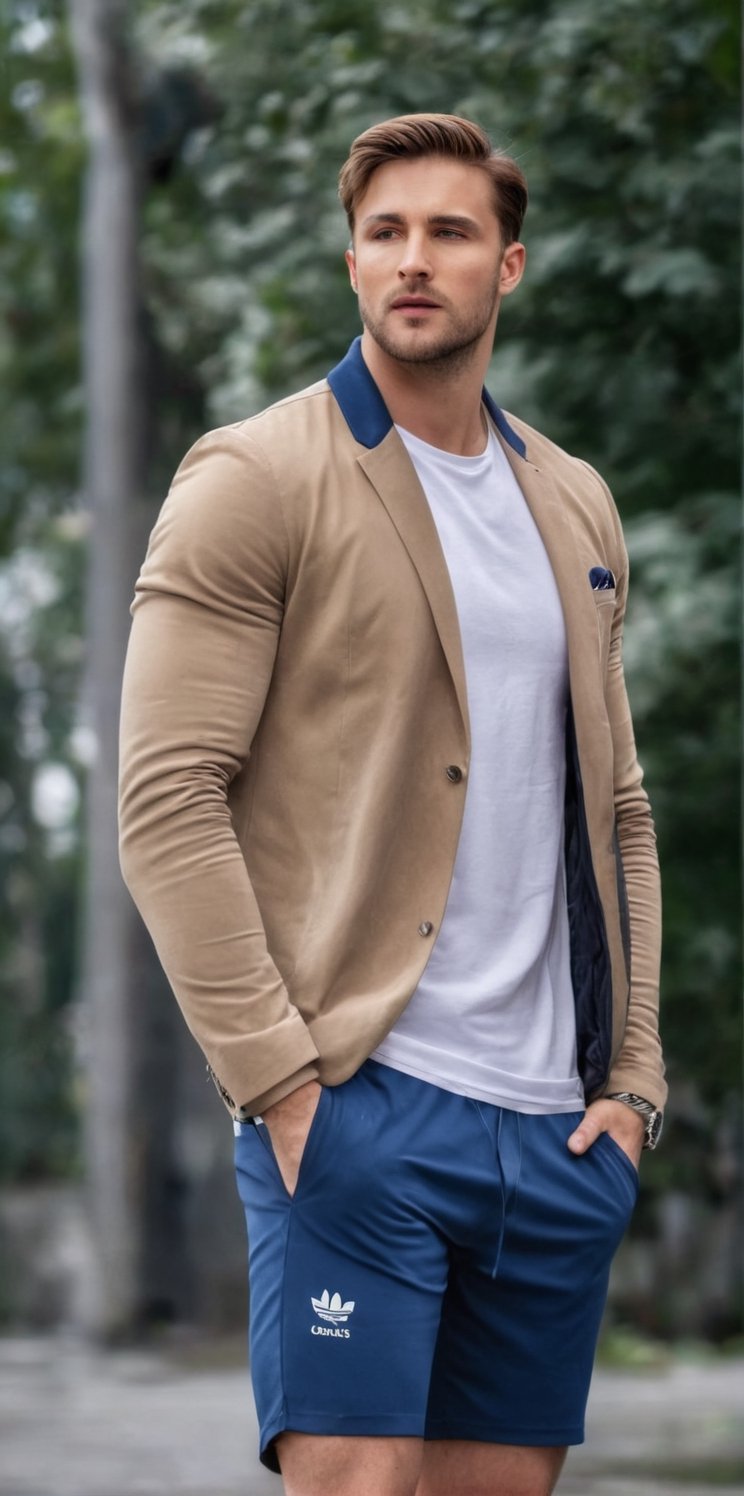 Imagine the following scene.

A handsome man standing outdoors.

The man has his legs open and his hands extended upwards.

His gaze lowers, looking at the floor.

The man is from Romania, muscular, 25yo. Very light brown hair, with golden highlights.

Wear sports shorts, sports shoes, and a sports jacket.

The shot is full body. best quality, 8K, high resolution, masterpiece, HD, perfect proportions, perfect hands.