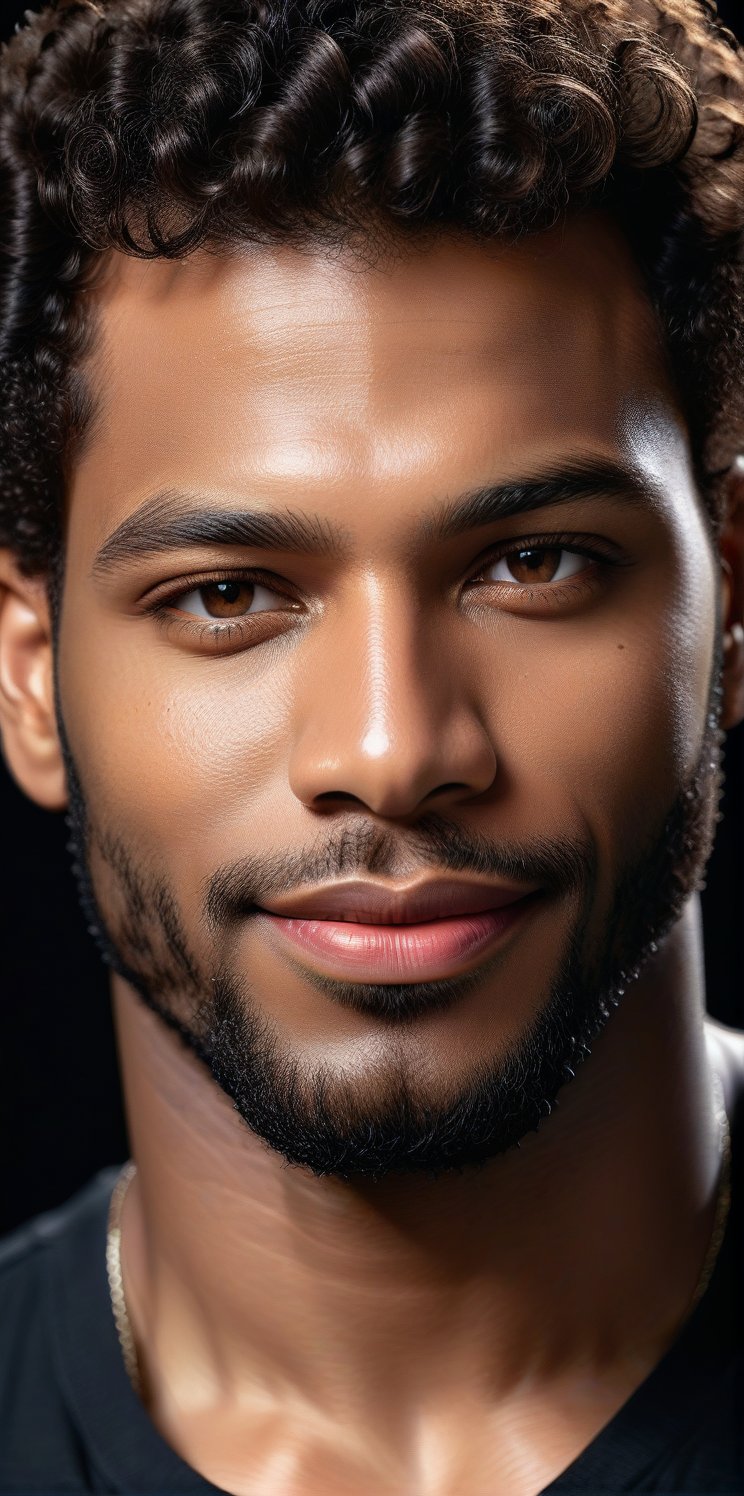 
Imagine the following scene:

Hyper-realistic photograph of the Face of a beautiful man, the dark man, with curly hair, short hair, and very bright and large honey-colored eyes. Full and red lips, blush. smile. A close up shot of a beautiful man. Black background.

(detailed face, detailed skin texture), (photorealistic), masterpiece: 1.5, beautiful lighting, best quality, beautiful lighting, realistic and natural image, intricate details, everything in focus, perfect focus, photography, masterpiece, small nuances, Supreme resolution, 32K, ultra-sharp quality and details. Superior, realistic and complex, perfect proportions, perfect hands, perfect feet. (extremely detailed skin texture and pores)