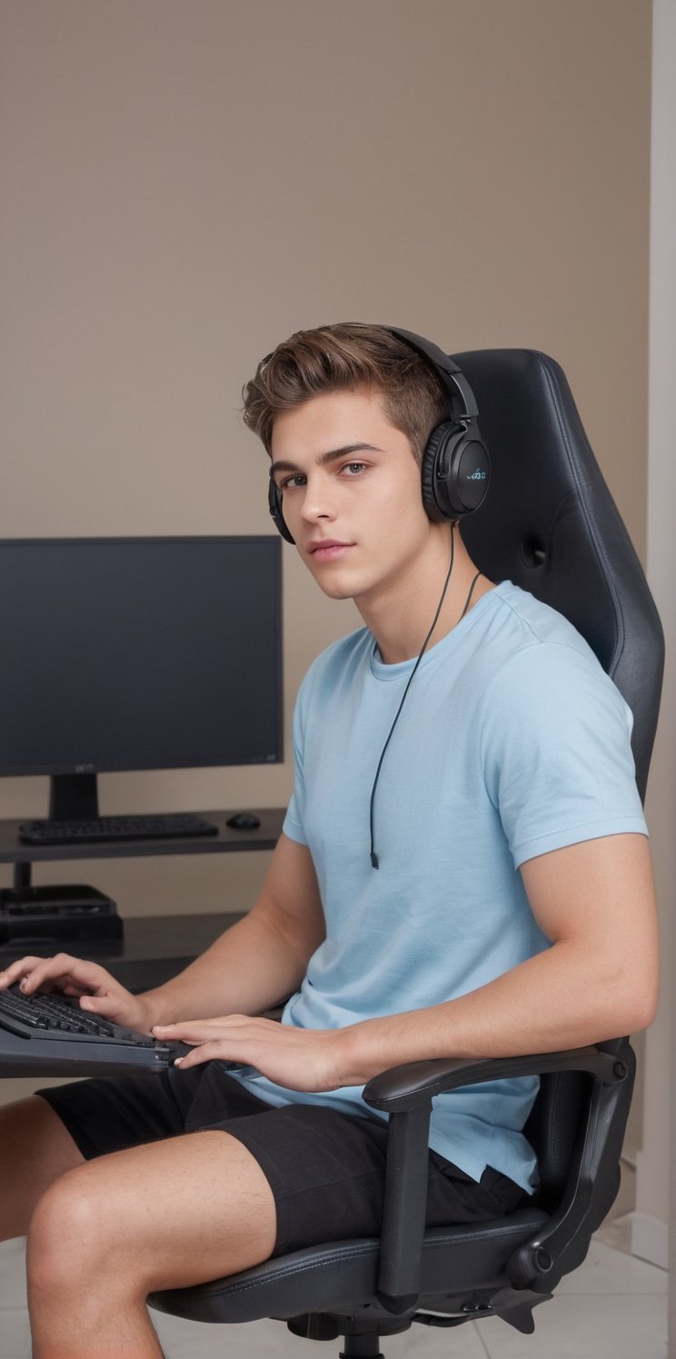 Imagine the following scene. A handsome man sitting in a computer chair, a gamer chair.

The man is beautiful, young latin, 18 years old, average body, very masculine. Very light blue eyes, big and bright eyes, full and sensual lips, long eyelashes, light brown hair, short hair.

The man is sitting in a computer gamer's chair, a very wide and comfortable chair, in front of him he has a computer. One of his hands is on the computer mouse.

Wear casual and sports clothing. He has computer headphones over his ears.

The image is taken from afar, you can see the man in the center of the image and the details of the scene.