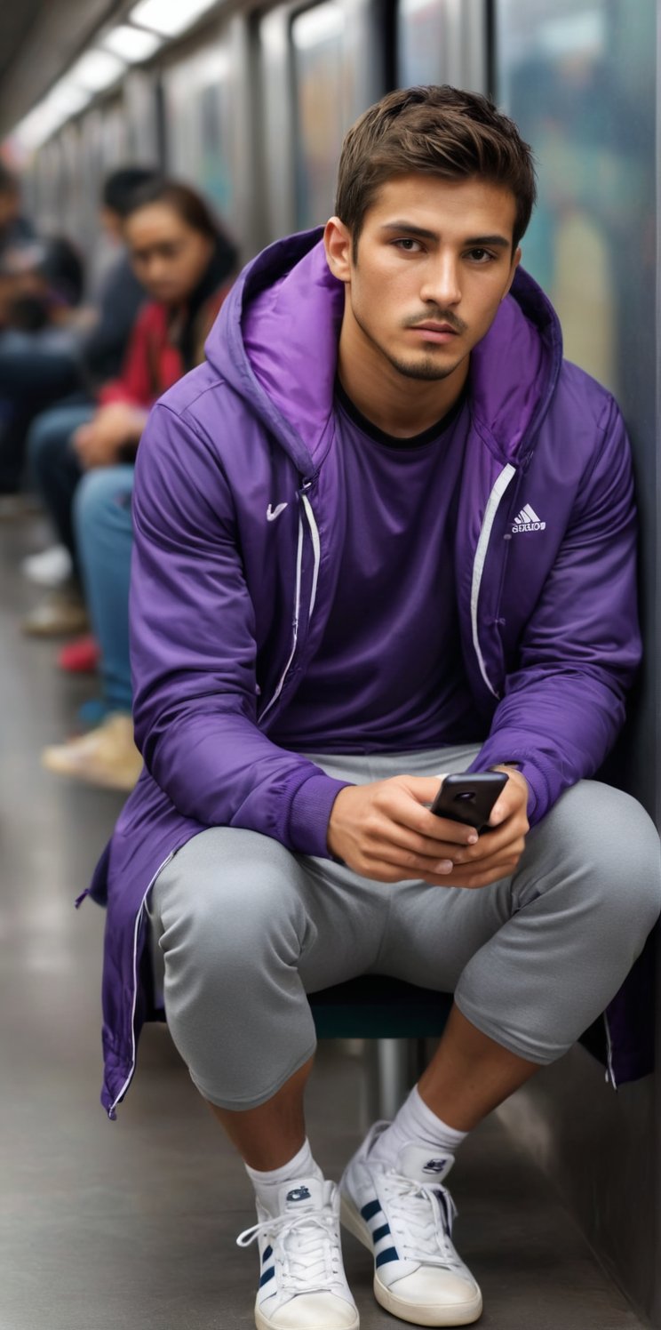 Imagine the following scene:

Realistic photograph of a man. Full body shot, zoomed out shot to see the details of the scene.

He is sitting in the subway. Looking at his cell phone. The bagón is full of people. Focus on the man, blurred background.

He wears a purple hooded jacket, black sports shorts, and black sports shoes.

The man is from Mexico, dark skin, 20yo, young, light brown hair. Athletic, 

(photorealistic), masterpiece: 1.5, beautiful lighting, best quality, beautiful lighting, realistic and natural image, intricate details, everything in focus, perfect focus, photography, masterpiece. small nuances, supreme resolution, 32K, ultra-sharp, superior quality details, realistic and complex, perfect proportions, perfect hands, perfect feet.