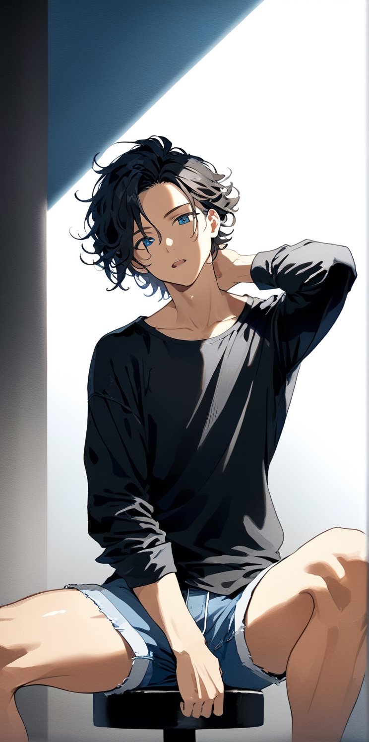 hyper-realistic photograph of a beautiful young man, 20yo, Latino, medium wavy hair, messy hair, shaved hair on the side, tanned skin, side parted hair, black hair, strands of hair on face, very light and bright blue eyes, open lips, muscular body.

The boy is a professional model. He wears a black shirt, long sleeves rolled up, very transparent shirt, stretched shirt, very tight shirt, light shoulders. Wear jeans and sports shoes,
leather belt.

The man is sexy, hot, mouth open, happy, head dropped on his shoulder.

The man is sitting with his legs spread on a four-legged stool. Facing the camera. His body is flexed, his elbows are on his knees and his hands are on his face. It's a modeling position.


The stage is a professional photography room. The background is very black and dark. There are reflectors on the man creating shadows and light contrasts on his skin. You can see the photographer's flashes, and the flash umbrellas.

The shot is distant, a wide shot. In the center is the full-length man.