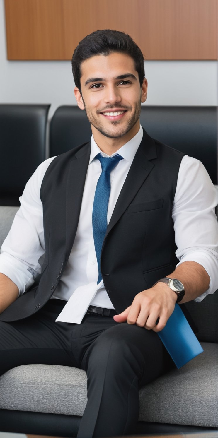 Hyperrealistic photograph of a beautiful man with an average body, young, Venezuelan man, 25 years old.

He wears a white shirt with a colored tie. Black dress pants. Over the shirt a tight-fitting suit vest. Black dress shoes. discreet smile. defined jaw.

The man is sitting on a sofa in a very modern executive office. He is sitting cross-legged. His back rests on the sofa. Pose of an executive listening to a meeting.

The photograph is distant and wide. You can notice the details of the office.