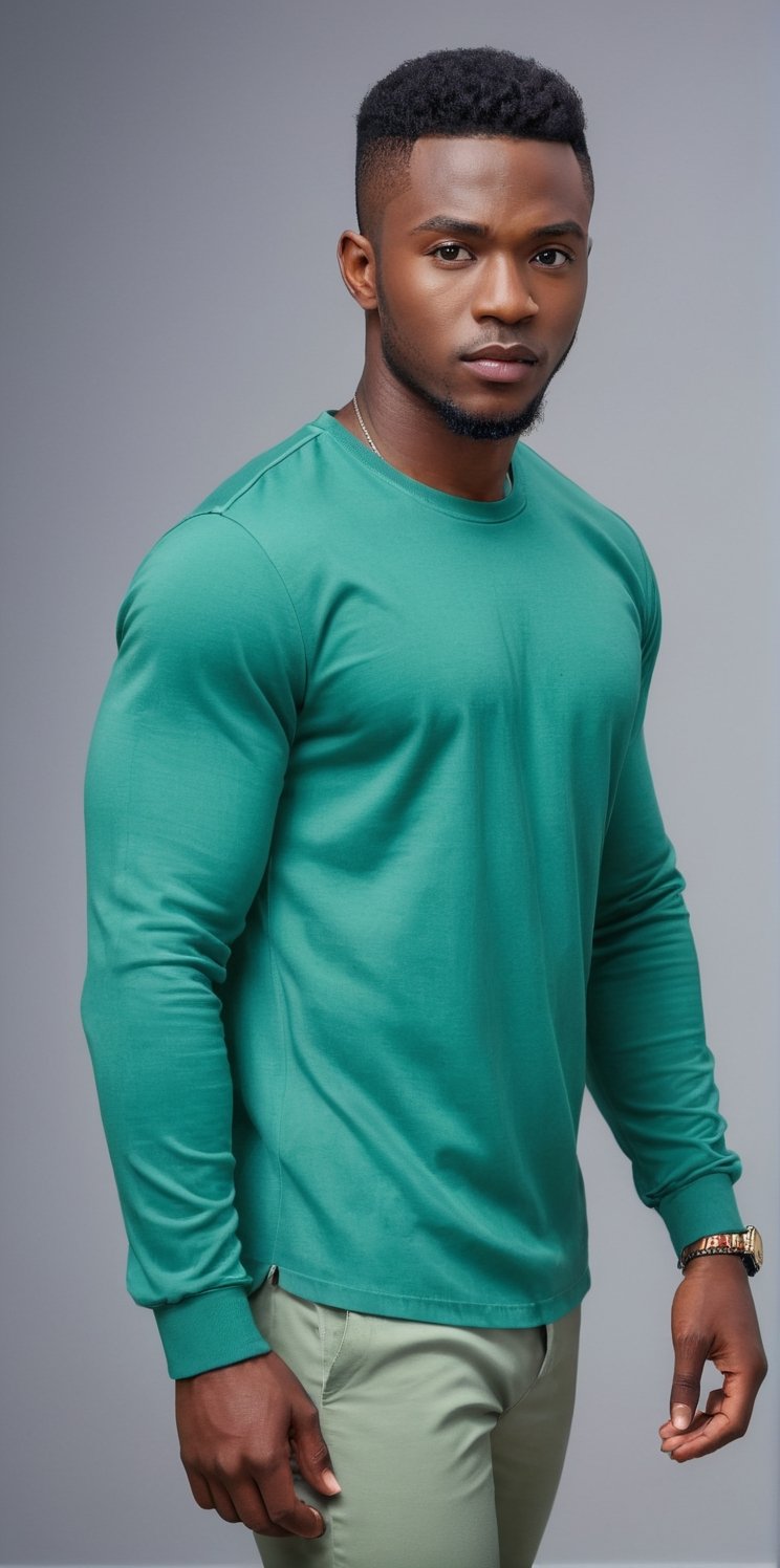 Imagine the following scene:

A handsome man standing in the foreground, very close shot

Wearing a green long sleeve shirt, green pants, green shoes. Very fashionable, very masculine. Model pose, dynamic pose

The man is Nigerian, 30yo, very light blue eyes, bright and big eyes, brown hair, straight hair, long eyelashes, full and red lips. short hair, very muscular,

The setting is a busy street at night