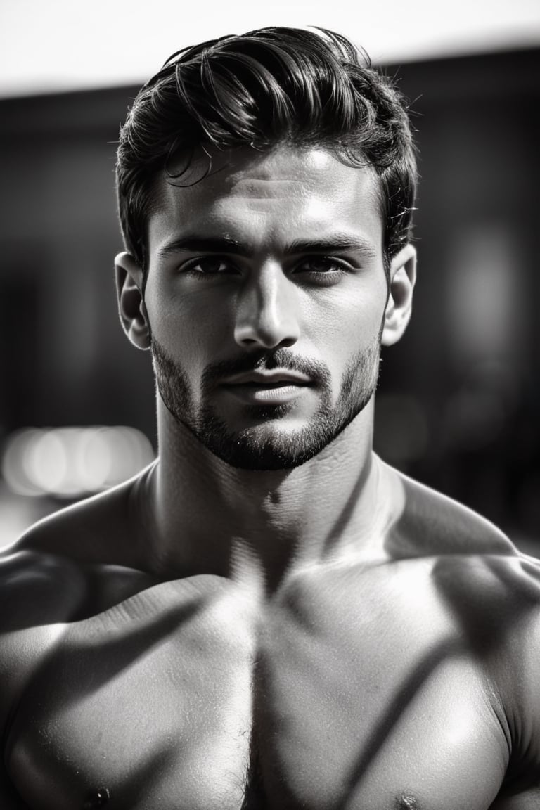 (photorealistic), masterpiece:1.5, best quality, beautiful lighting, realistic, real image, perfect focus, male focus, perfect face, extremely handsome, extremely muscular, supreme resolution, 32K, ultra-defined, masculine and beautiful men, high-quality textures, intricate details, 

b&w, instagram photo, portrait photo of handsome italian man, 25 yo, perfect face, handsome, natural skin, film grain

Camera settings to capture such a vibrant and detailed image would likely include: Canon EOS 5D Mark IV, Lens: 85mm f/1.8, f/4.0, ISO 100, 1/500 sec