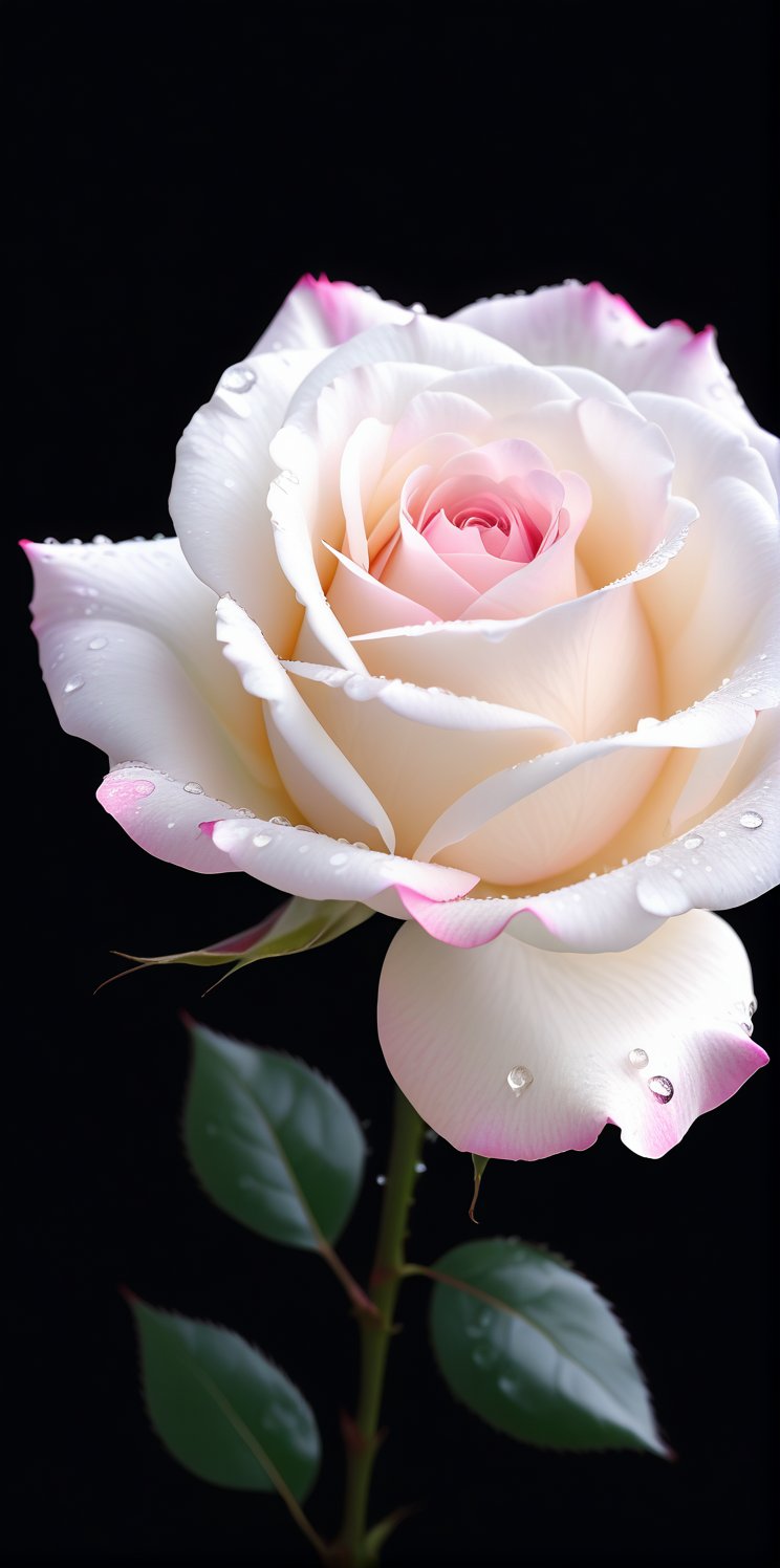 Imagine the following scene.

Animation style image. A beautiful white rose floating on a black background. L pink with dew on its petals. It's a beautiful pink.