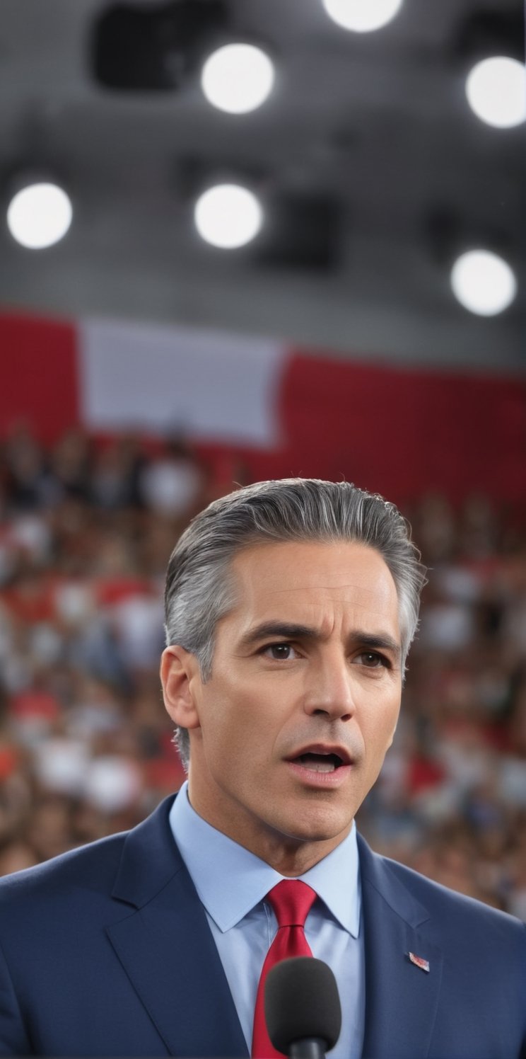 Imagine the following scene:

on a large stage with a podium in the center. A beautiful man speaks into a microphone.

The man is behind the podium, speaking into a microphone, he is a politician in a presidential campaign.

The man is Latino, 40yo, with gray hair in his hair, muscular, very light and bright blue eyes, big eyes, long eyelashes, full and red lips.

He wears a navy blue suit, black dress shoes. Red tie

His hands are raised, the audience speaks with emotion.

The shot is wide, to capture the details of the scene. best quality, 8K, high resolution, masterpiece, HD, perfect proportions, perfect hands.