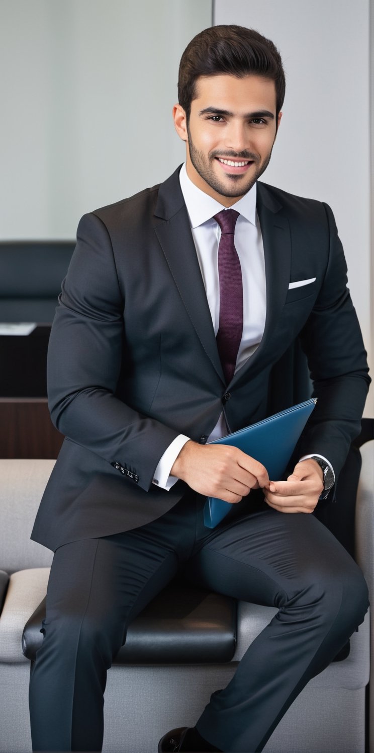 Hyperrealistic photograph of a beautiful man with an average body, young, Venezuelan man, 25 years old.

He wears a white shirt with a colored tie. Black dress pants. Over the shirt a tight-fitting suit vest. Black dress shoes. discreet smile. defined jaw.

The man is sitting on a sofa in a very modern executive office. He is sitting cross-legged. His back rests on the sofa. Pose of an executive listening to a meeting.

The photograph is distant and wide. You can notice the details of the office.