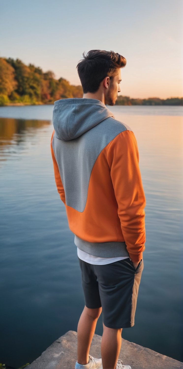 Imagine the following scene:

Photograph of a beautiful sunset on a lake. The colors in the sky orange and red. The lake reflects the beauty of the sunset.

Standing with his back turned, a man contemplates the lake.

Visiting jean and hoodie. Sports shoes.

The man is from Salvador, 20 years old, medium body, short hair. 

Back to camera. Serene pose, with hands in pockets.

(photorealistic), masterpiece: 1.5, beautiful lighting, best quality, beautiful lighting, realistic and natural image, intricate details, all in sharp focus, perfect focus, photography, masterpiece, meticulous nuances, supreme resolution, 32K, ultra-sharp, Superior Quality, realistic and complex details, perfect proportions, perfect hands, perfect feet.