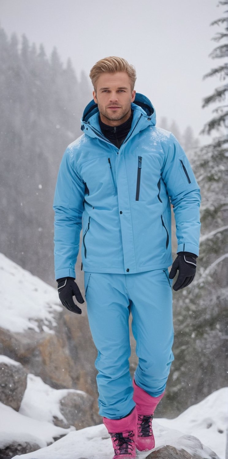 Imagine the following scene:

On a beautiful mountain. A snowy mountain. A beautiful man climbs to the top.

The man is beautiful, Danish, mature, 30 years old, very light and bright blue eyes, very light blonde hair, full and pink lips, long eyelashes. Muscular

wear very warm winter clothes. Very warm winter jacket, winter boots, tight winter pants. stocky legs

(((A snowstorm falls, snowstorm))).

You can see the details of the scene. Panning shot, zoom out shot, full body shot