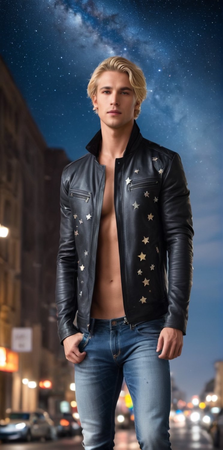 Imagine the following scene:

Surreal photography, on a background of stars, many stars flying in the air. Stars with a black background.

In the middle of the image, a beautiful man from Europe, blonde, dressed in jeans and a black jacket. 25yo, muscular. Full body shot.

The shot is wide to capture the details of the scene. 

high realism aesthetic photo, RAW photo, 16K, real photo, best quality, high resolution, masterpiece, HD, perfect proportions, perfect hands