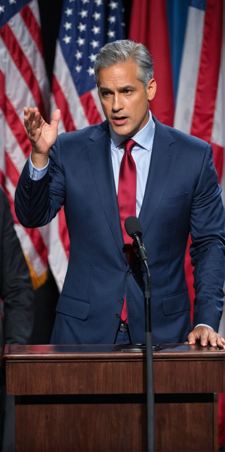 Imagine the following scene:

on a large stage with a podium in the center. A beautiful man speaks into a microphone.

The man is behind the podium, speaking into a microphone, he is a politician in a presidential campaign.

The man is Latino, 40yo, with gray hair in his hair, muscular, very light and bright blue eyes, big eyes, long eyelashes, full and red lips.

He wears a navy blue suit, black dress shoes. Red tie

His hands are raised, the audience speaks with emotion.

The shot is wide, to capture the details of the scene. best quality, 8K, high resolution, masterpiece, HD, perfect proportions, perfect hands.