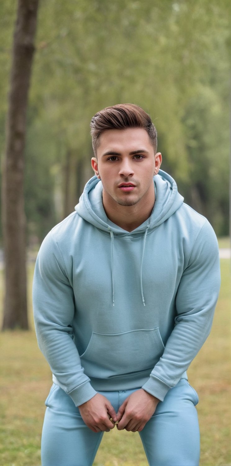 Imagine the following scene.

In a park in spring. The park has a lake in the center, many lush and beautiful trees. A very short grass, with some flowers.

(((In the center a beautiful man does exercises. His hands are extended upwards, his legs are open))).

The man is a beautiful Venezuelan, 25yo, bodybuilder, with light blue eyes, very large and bright eyes, full and red lips, long eyelashes. Male, brown hair.

The man has an urban and street style, modern and avant-garde clothing, pants tight to his very thick legs. tight-fitting hoodie, stylish sneakers, fashion accessories, hip hop jewelry, small earring in her ear

The shot is close, very detailed, very masculine and beautiful.