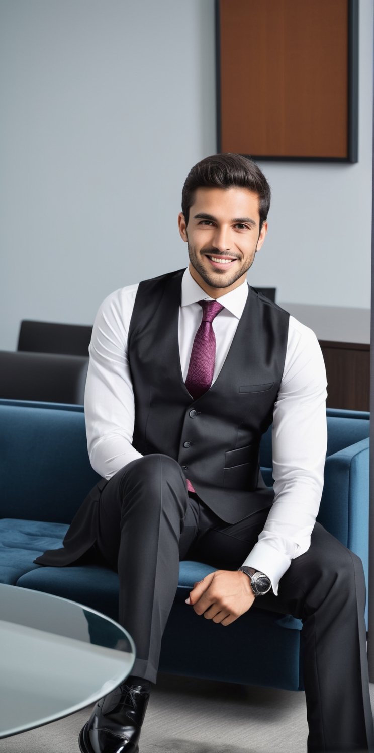 Hyperrealistic photograph of a beautiful man with an average body, young, Venezuelan man, 25 years old.

He wears a white shirt with a colored tie. Black dress pants. Over the shirt a tight-fitting suit vest. Black dress shoes. discreet smile. defined jaw.

The man is sitting on a sofa in a very modern executive office. He is sitting cross-legged. His back rests on the sofa. Pose of an executive listening to a meeting.

The photograph is distant and wide. You can notice the details of the office.