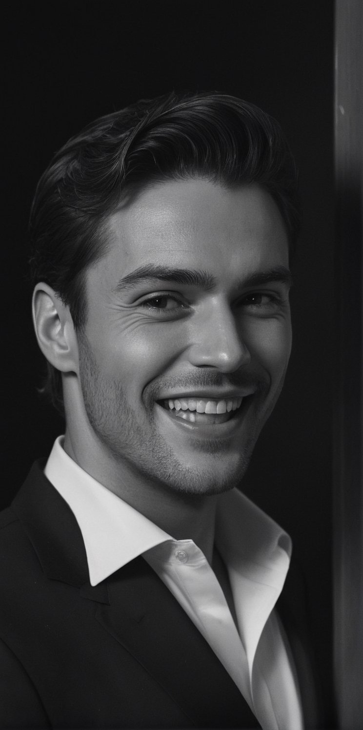 
Creates a hyper-realistic image of a handsome man in a dark room, he laughs out loud, guffaws, the mood is very happy, lost in a harsh, black and white photograph, with a high level of detail and sharp focus . Extremely realistic, still photo from the movie, elegant, Latin man, young, handsome.