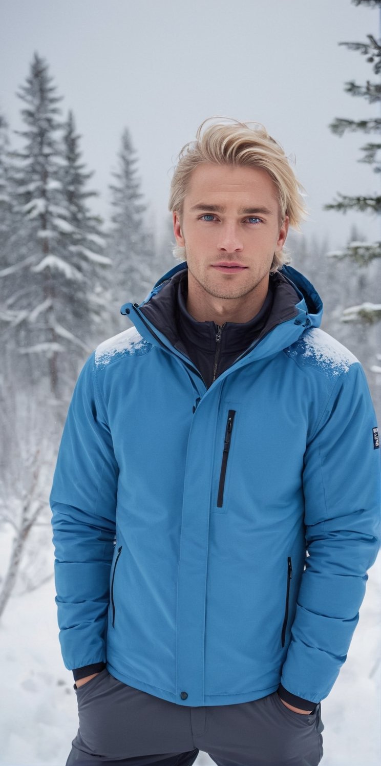 Imagine the following scene:

On a beautiful mountain. A snowy mountain. A beautiful man climbs to the top.

The man is beautiful, Danish, mature, 30 years old, very light and bright blue eyes, very light blonde hair, full and pink lips, long eyelashes. Muscular, dynamic pose

wear very warm winter clothes. Very warm winter jacket, winter boots, tight winter pants. stocky legs

(((A snowstorm falls, snowstorm))).

You can see the details of the scene. Panning shot, zoom out shot, full body shot