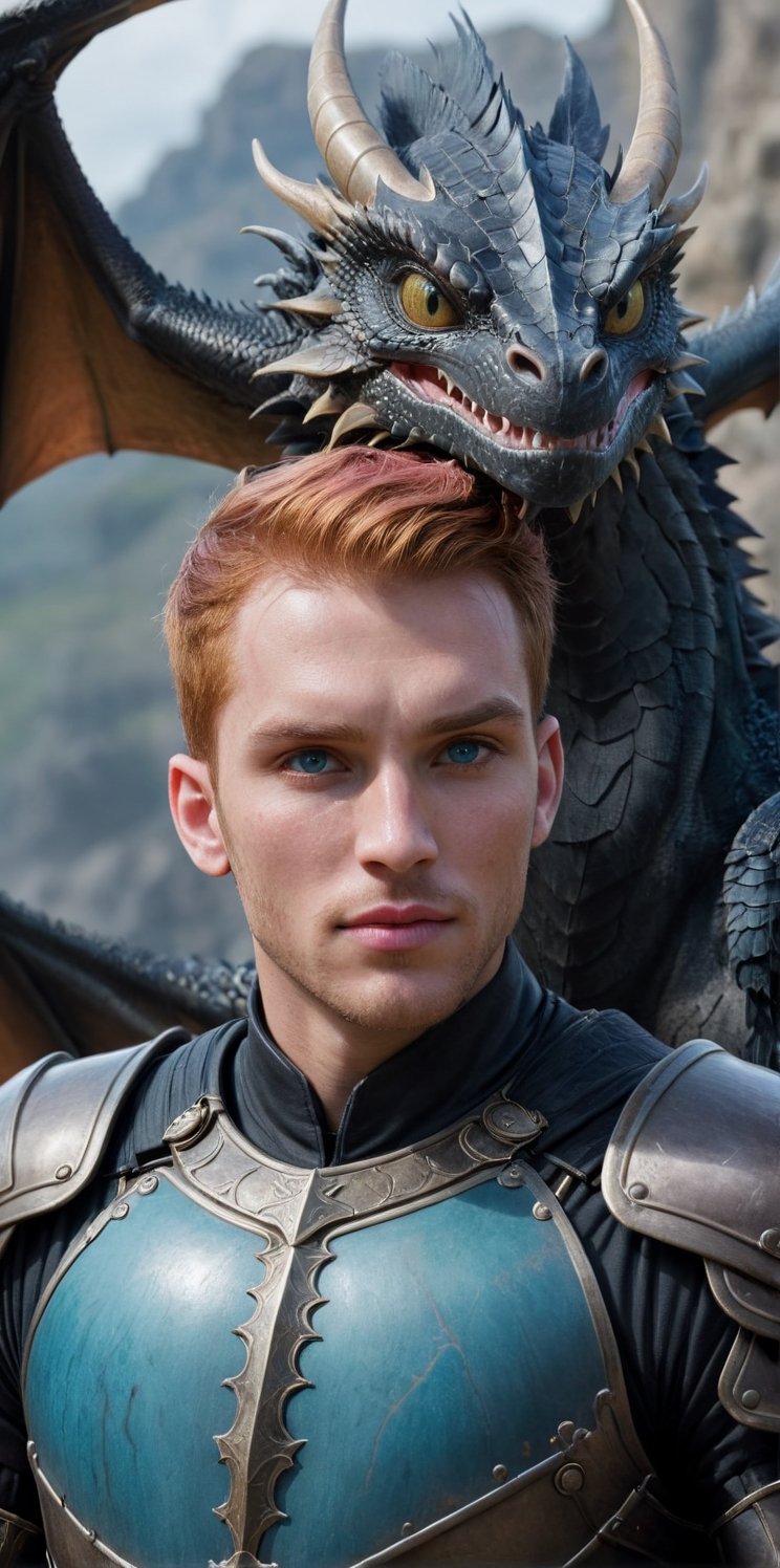 Imagine the following surreal scene:

A large black dragon flies, it is long with large wings.

In the center of the image in front of the dragon, a beautiful Latin man in armor, 25yo, muscular, very light and bright blue eyes, straight ginger hair, short hair, long eyelashes, sensual lips and pink. Male. very freckled

(((wearing a armor))).

The lighting is natural. Highlighting the man and the details of the scene. The focus on the dragon