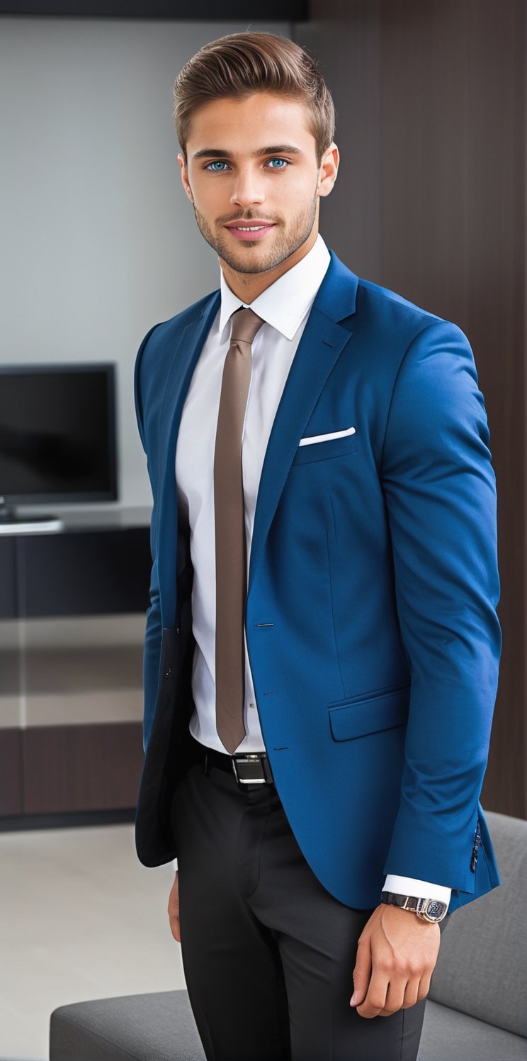 Hyperrealistic photograph of a beautiful man with an average body, young, Venezuelan man, 25 years old, very large and bright blue eyes. Very light brown hair, medium and very straight hair. Brown skin, tanned skin

He wears a white shirt with a colored tie. Black dress pants. Over the shirt a tight-fitting suit vest. Black dress shoes. discreet smile. defined jaw.

The man is sitting on a sofa in a very modern executive office. He is sitting cross-legged. His back rests on the sofa. Pose of an executive listening to a meeting.

The photograph is distant and wide. You can notice the details of the office.