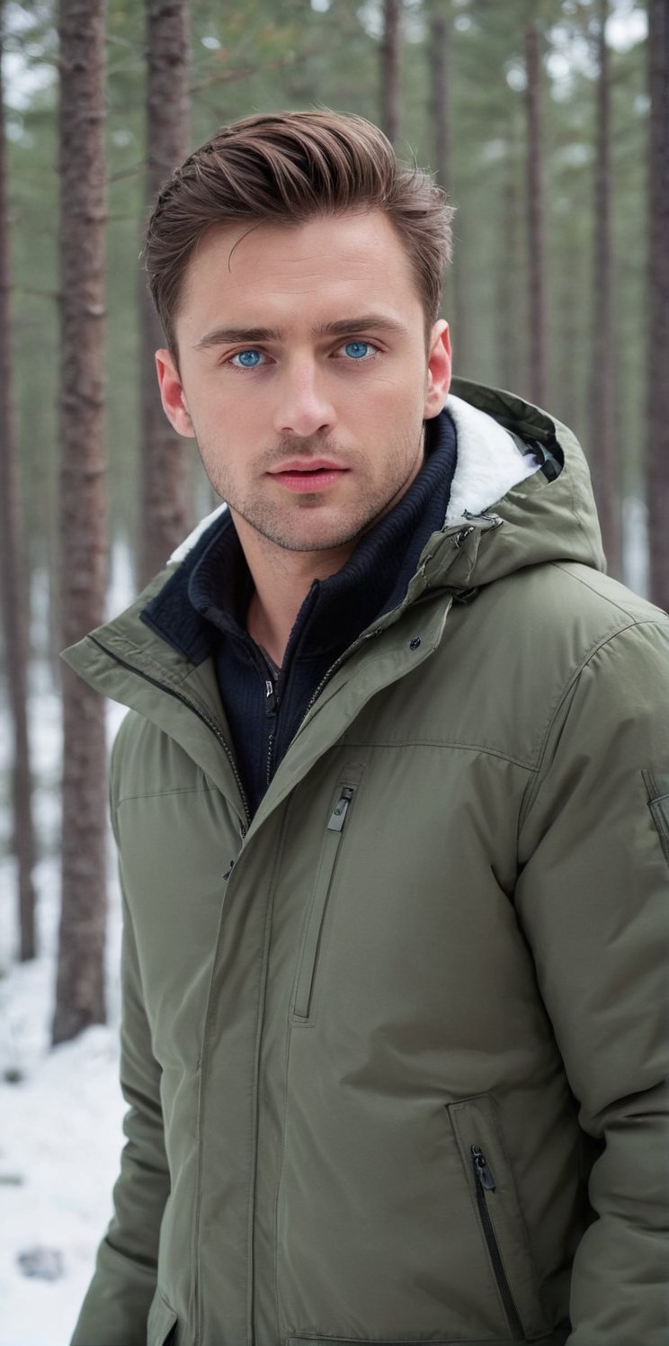 
Imagine the following scene:

In a forest with large pine trees, it is daytime, sunlight passes through the pine trees. It is winter, the trees and the ground are full of a lot of snow. It's in Canada.

Walking through the pine forest, a beautiful man.

The man is from Canada. He is muscular, with very clear and bright blue eyes. Long eyelashes, full and red lips.

The man wears winter clothes. A very padded winter jacket.

Wide, full-body shot to notice the details of the scene.
