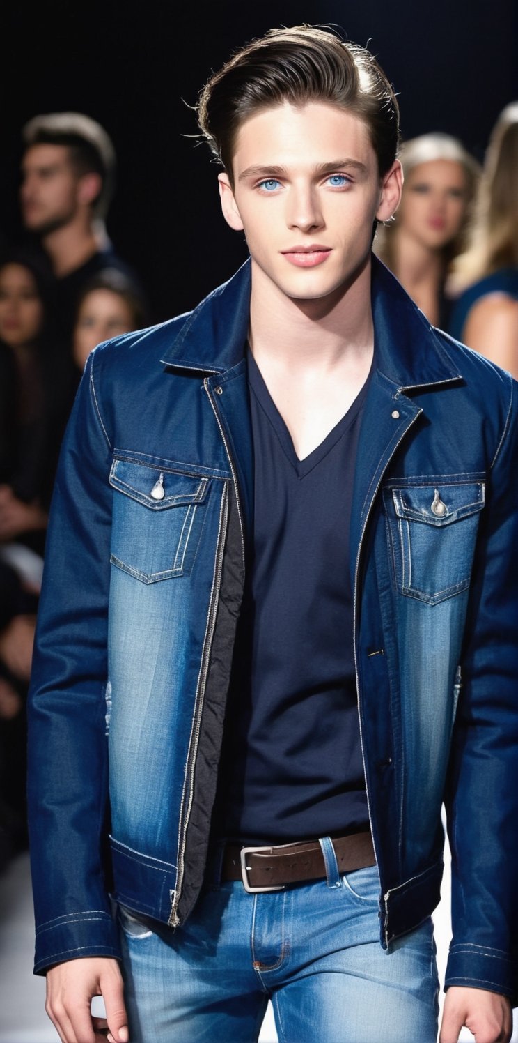 Hyperrealistic photograph of a beautiful, young man. Latino man, pale skin, very clear and bright light blue eyes. 22yo, side parted hair, dark black hair, shaved on the side, locks of hair on face. Average body.

He wearing a jeans and a navy blue jacket. (((The jacket is open, The young man shows his chest and abs))). Without flannel

The young man is models. He's modeling, walking down a fashion runway. He has a model pose. Smile at the camera. sexy, hot, masculine.

Set the scene on a French fashion runway. There are many people on the sides watching the fashion show. Many flash cameras photographing the model

(The shot is far away). The shot is wide to notice the details of the fashion catwalk and in the center the full-length men.