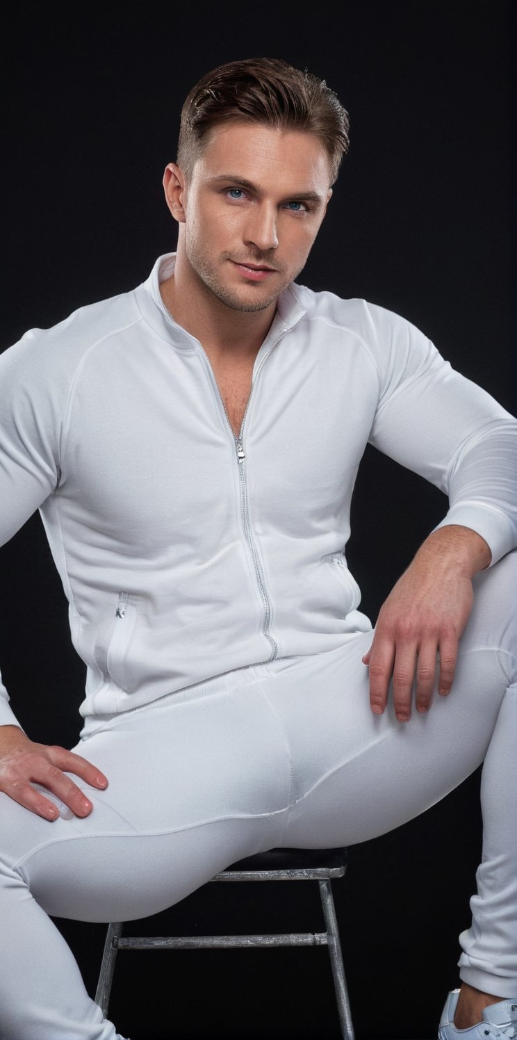 Imagine the following scene:

In a completely black photo studio.

In the center a beautiful man is sitting in a chair looking at the camera with a penetrating and provocative gaze.

The man is sitting with his legs open.

(Wearing a white tight jacket, white tight sports pants, white sports shoes, wearing a white sports cap).

The man is from Poland. Very light and bright blue eyes, long eyelashes, full and red lips. 28yo. Muscular. Big crotch.

Black background.

Dynamic pose, model pose. Hidden smile.

The shot is half-length.