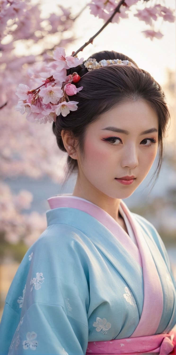 Imagine the following scene:

A Japanese cherry blossom park. The cherry blossoms fall. It is a beautiful and detailed image. The flowers fall.

It's in the afternoon. Sunlight at sunset.

A beautiful young Japanese couple walks among the trees. A Japanese man, with a beautiful light blue traditional Japanese kimono and a beautiful geisha, with a traditional pink geisha dress.

The image reflects the vitality of spring.

Many details. Beautiful image.