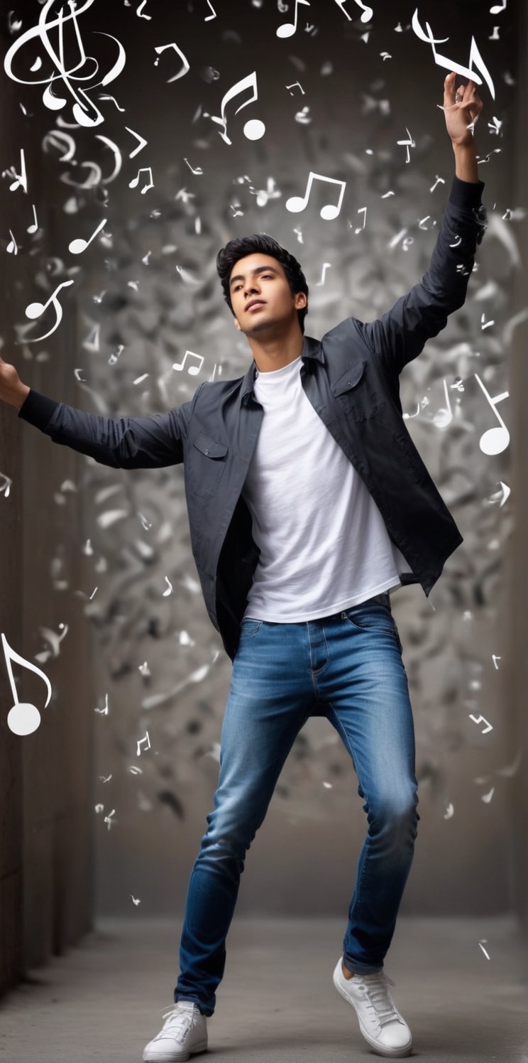 
Imagine the following scene:

Surreal photography, on a background of musical notes, many musical notes flying in the air. Many pentagrams.

In the middle of the image a beautiful, young, Latino man wearing casual clothing.

Full body shot. The shot is wide to capture the details of the scene.

high realism aesthetic photo, RAW photo, 16K, real photo, best quality, high resolution, masterpiece, HD, perfect proportions, perfect hands