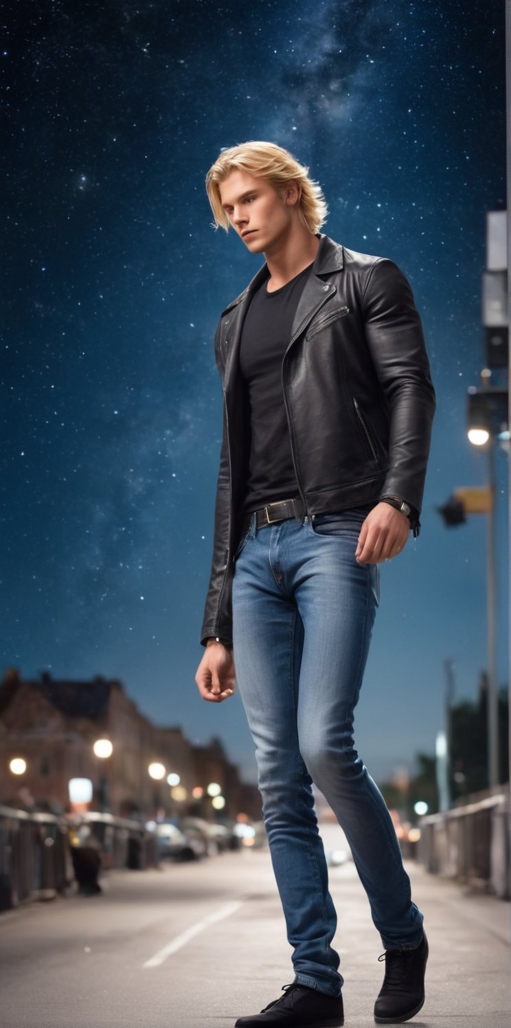Imagine the following scene:

Surreal photography, on a background of stars, many stars flying in the air. Stars with a black background.

In the middle of the image, a beautiful man from Europe, blonde, dressed in jeans and a black jacket. 25yo, muscular. Full body shot.

The shot is wide to capture the details of the scene. 

high realism aesthetic photo, RAW photo, 16K, real photo, best quality, high resolution, masterpiece, HD, perfect proportions, perfect hands