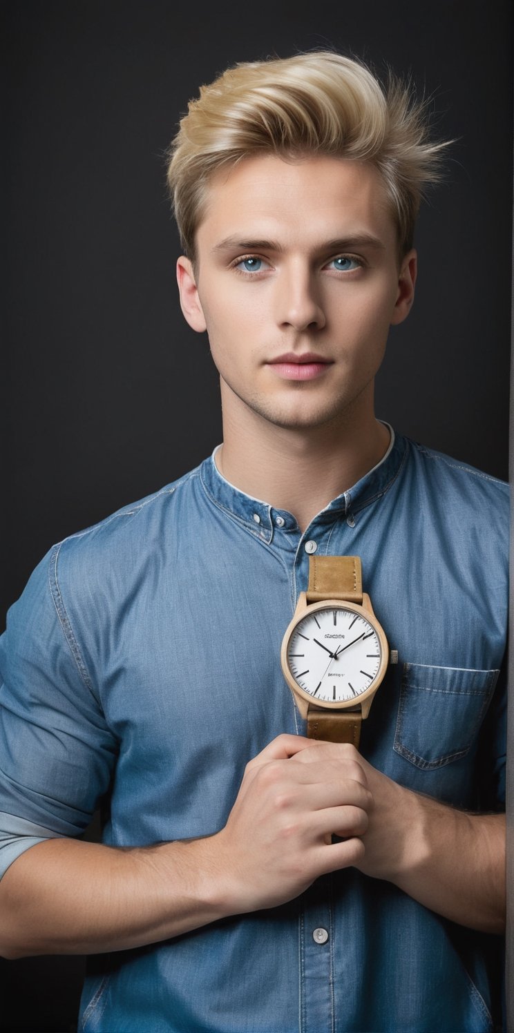 Hyperrealistic photograph of a beautiful Russian man, 25 years old, white skin, very light blue eyes. Big, bright eyes. hair parted on one side, light brown hair, with blonde highlights, shaved on one side, spiky hair. Average body. slight smile

The man is a professional model. It stands with a beautiful square hand wall clock. The clock is made with epoxy resin, a black background clock with a marble effect, which shows the shine of the epoxy resin.

The man standing together showing the resin watch held in his hands to the camera, with his hands outstretched. The man wears pastel pink flannel clothing, sports shoes, and knee-length jean shorts.

The background is very black, a very dark background.

The shot is far away. A wide shot where you can see the full-length man in the center of the image showing the beautiful epoxy resin watch