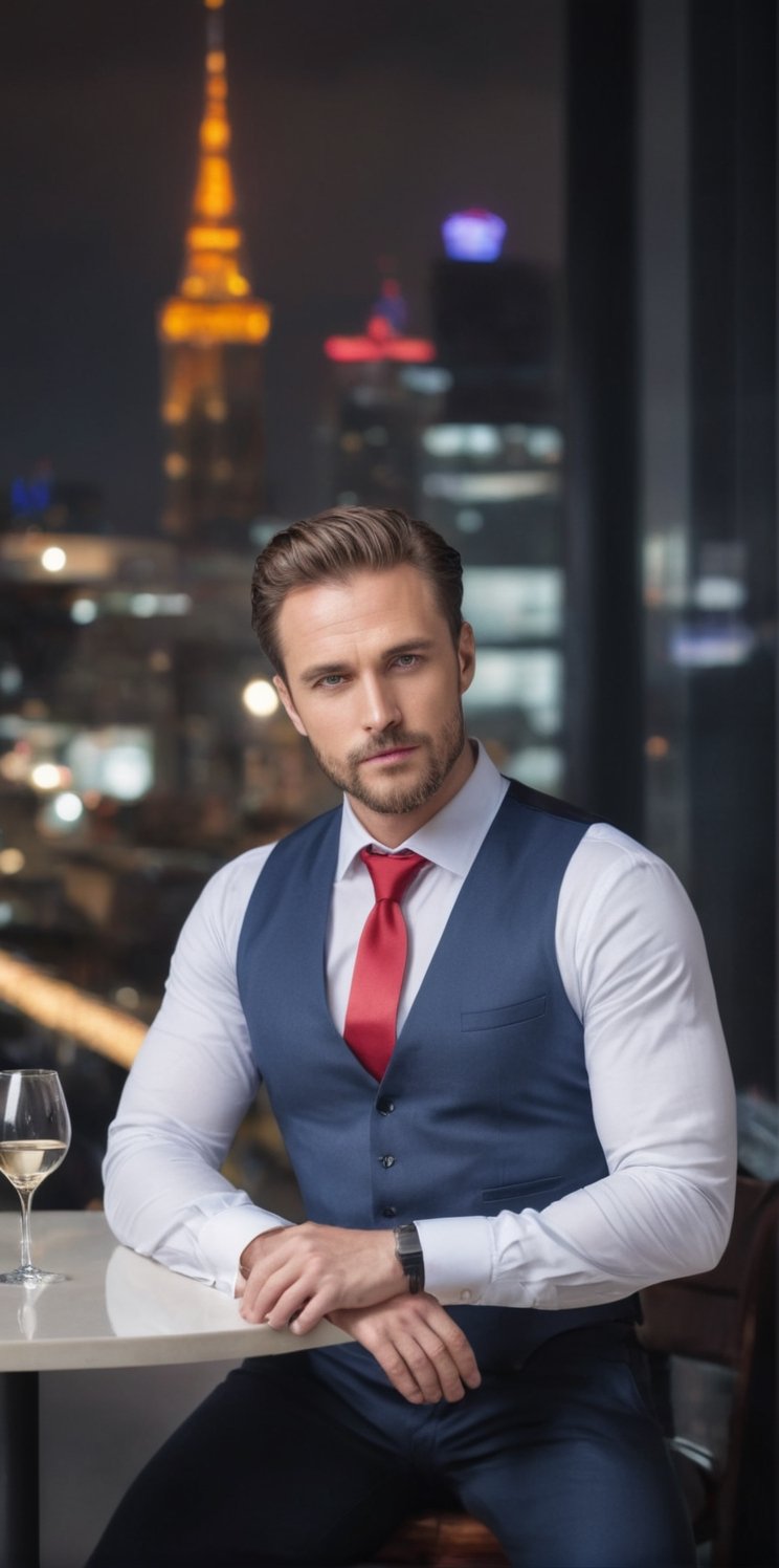 Imagine the following scene:

Realistic photography in a large, very elegant restaurant on top of a building. It is the roof of the building, you can see the entire city, large buildings in front, it is night, there is a lot of lighting.

Sitting at an elegant table, a beautiful man.

The man wears a red long-sleeved shirt, black dress pants, black shoes, and a white vest.

The man is from Poland, masculine. 35 years old, very light blue eyes, bright and big eyes, full and red lips, blushing, muscular. 

Sitting at the table admiring the landscape. full body shot. The shot is wide to capture the details of the scene.

high realism aesthetic photo, RAW photo, 16K, real photo, best quality, high resolution, masterpiece, HD, perfect proportions, perfect hands