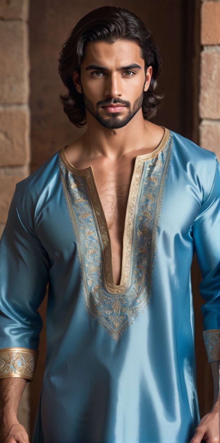 26years old beautiful hispanic man wearing a luxurious Middle Eastern thobe, muscular, bodybuilder, big body, dark black hair, topless, Depth and Dimension in the Pupils, So beautiful ligth blue eyes, (short beard:1.5), chest hair, showing chest, Envision the thobe with intricate details, featuring opulent embroidery, rich fabrics, and elaborate patterns, Picture the boy adorned in a palette of vibrant colors, reflecting the elegance and craftsmanship of traditional Middle Eastern attire. Optimize for a visually captivating composition that highlights the exquisite design of the thobe, creating a scene that celebrates the beauty of cultural richness,