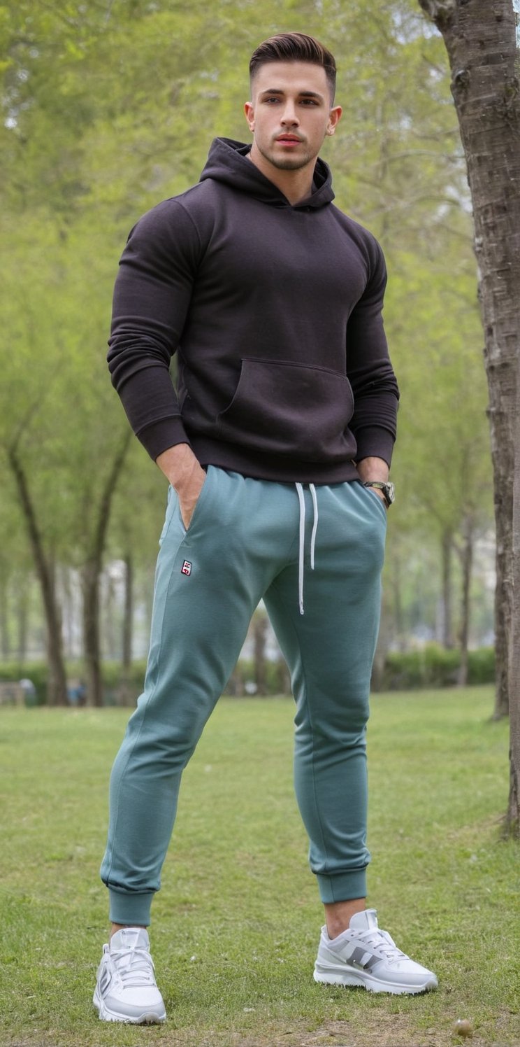 Imagine the following scene.

In a park in spring. The park has a lake in the center, many lush and beautiful trees. A very short grass, with some flowers.

In the center a beautiful man does exercises. His hands are extended upwards, his legs are open.

The man is a beautiful Venezuelan, 25yo, bodybuilder, with light blue eyes, very large and bright eyes, full and red lips, long eyelashes. Male, brown hair.

The man has an urban and street style, modern and avant-garde clothing, pants tight to his very thick legs. tight-fitting hoodie, stylish sneakers, fashion accessories, hip hop jewelry, small earring in her ear

The shot is wide and panoramic to capture the details of the scene.