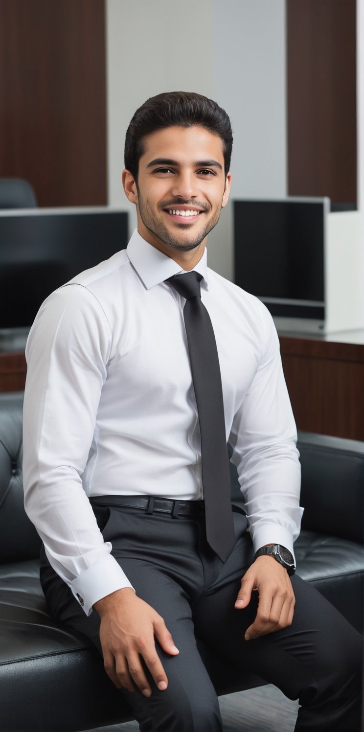 Hyperrealistic photograph of a beautiful man with an average body, young, Venezuelan man, 25 years old.

He wears a white shirt with a colored tie. Black dress pants. Over the shirt a tight-fitting suit vest. Black dress shoes. discreet smile. defined jaw.

The man is sitting on a sofa in a very modern executive office. He is sitting cross-legged. His back rests on the sofa. Pose of an executive listening to a meeting.

The photograph is distant and wide. You can notice the details of the office.