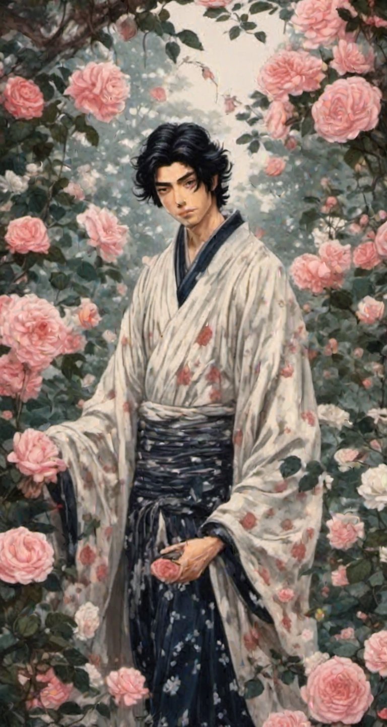 A beautiful young Japanese man, walking through a beautiful rose garden, very black hair, tall, many details, from medieval times. A traditional Japanese art