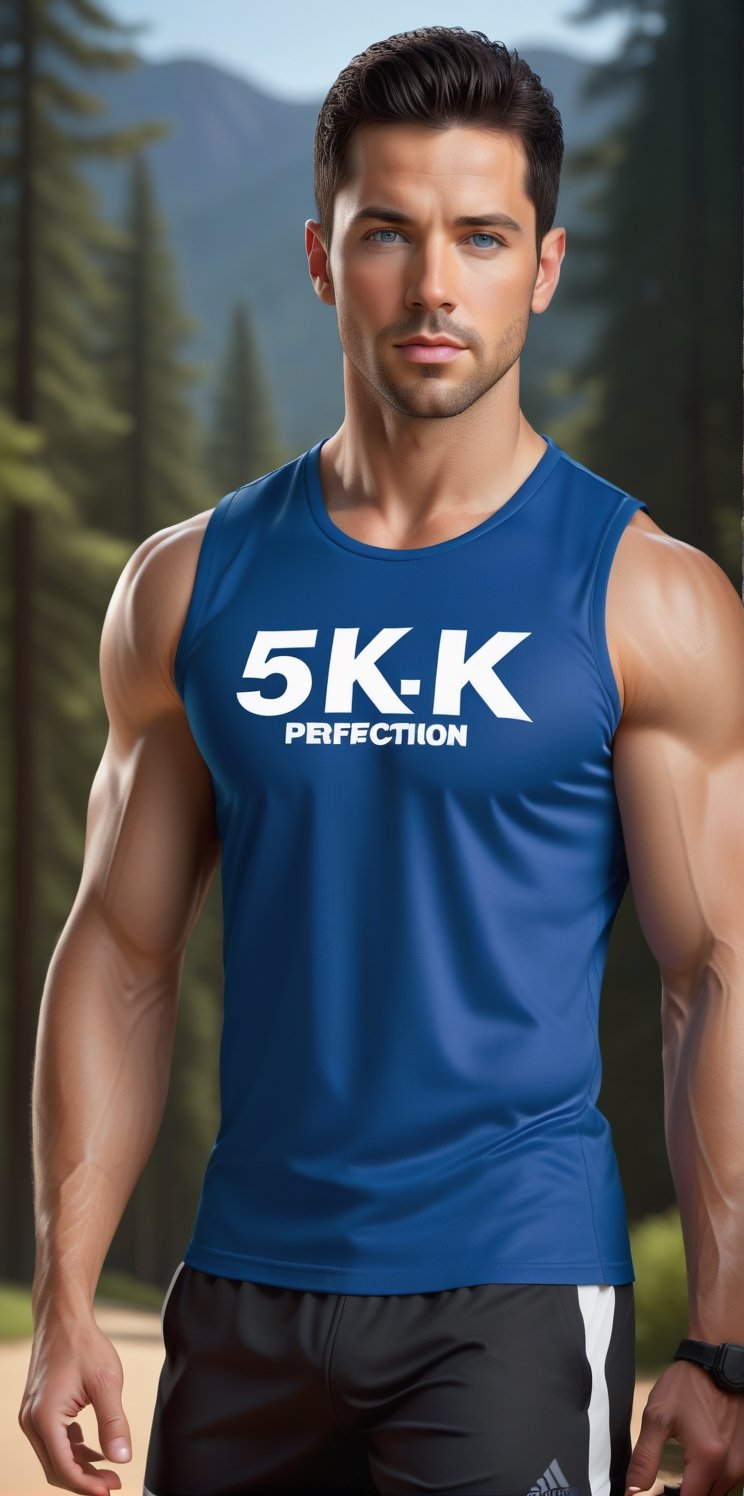 (photorealistic), masterpiece:1.5, beautiful lighting, best quality, beautiful lighting, realistic, real image, intricate details, 

Imagine a man, beautiful Hispanic man, 30yo, blue eyed, muscular, wearing a sleeveless shirt. Dark black hair, body hair, (((Make sure the text '5K' appears prominently in a stylish font on your t-shirt))). Aim for perfection in every detail,Text, running, the background is a park full of trees, wearing a sports shorts