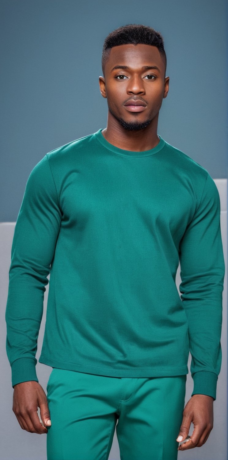 Imagine the following scene:

A handsome man standing in the foreground, very close shot

Wearing a green long sleeve shirt, green pants, green shoes. Very fashionable, very masculine. Model pose, dynamic pose

The man is Nigerian, 30yo, very light blue eyes, bright and big eyes, brown hair, straight hair, long eyelashes, full and red lips. short hair, very muscular,

The setting is a busy street at night