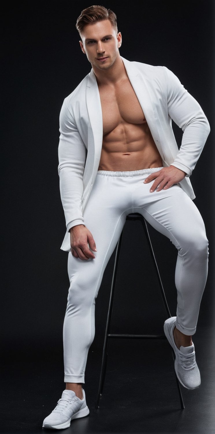 Imagine the following scene:

In a completely black photo studio.

In the center a beautiful man is sitting in a chair looking at the camera with a penetrating and provocative gaze.

The man is sitting with his legs open.

(Wearing a white tight jacket, white tight sports pants, white sports shoes, wearing a white sports cap).

The man is from Poland. Very light and bright blue eyes, long eyelashes, full and red lips. 28yo. Muscular. Big crotch.

Black background.

Dynamic pose, model pose. Hidden smile.

The shot is half-length.