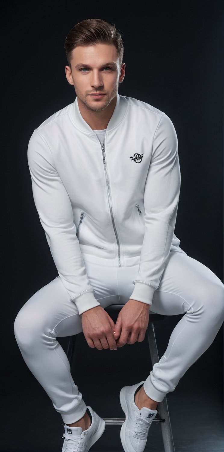 Imagine the following scene:

In a completely black photo studio.

In the center a beautiful man is sitting in a chair looking at the camera with a penetrating and provocative gaze.

The man is sitting with his legs open.

(Wearing a white tight jacket, white tight sports pants, white sports shoes, white sports cap).

The man is from Poland. Very light and bright blue eyes, long eyelashes, full and red lips. 28yo. Muscular. Big crotch.

Black background.

Dynamic pose, model pose. Hidden smile.

The shot is half-length.