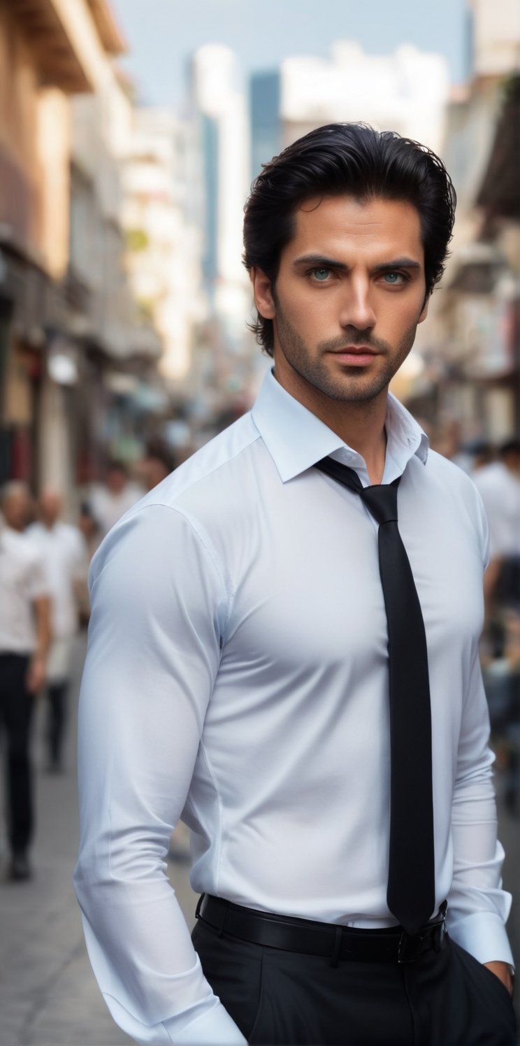 Imagine the following scene.

On a busy street a beautiful man walks with confidence and security. Serious

The man is from Brazil. 30 years. Very light and bright blue eyes, big eyes, full and red lips, long eyelashes. man, blush. Black hair. average body.

The man is a professional model. 

((Wearing a tight black silk shirt. The shirt is transparent, allowing you to see your silhouette. White dress pants. Black shoes)).

The shot is wide to capture the details of the scene. Full body shot. best quality, 8K, high resolution, masterpiece, HD, perfect proportions, perfect hands.