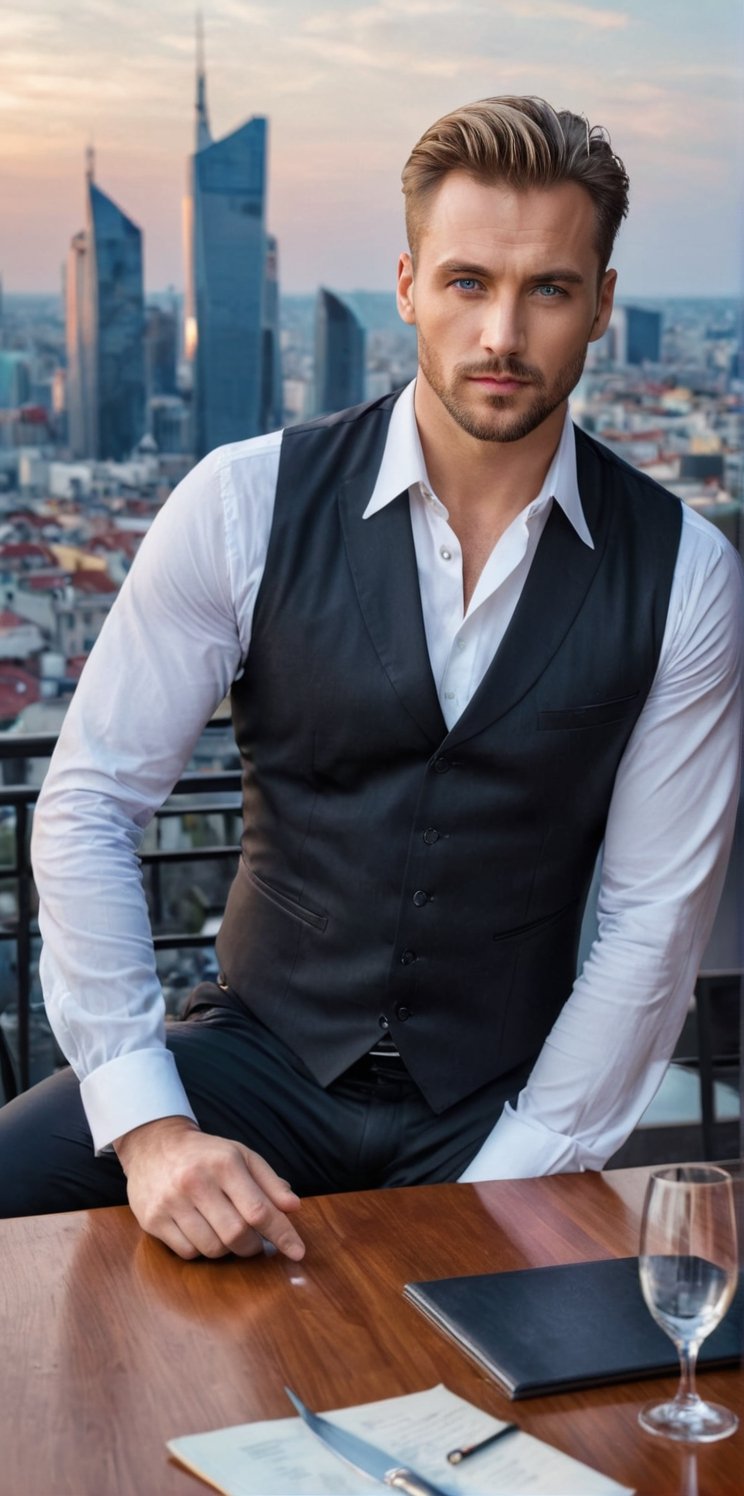 Imagine the following scene:

Realistic photography in a large, very elegant restaurant on top of a building. It is the roof of the building, you can see the entire city, large buildings in front, it is night, there is a lot of lighting.

Sitting at an elegant table, a beautiful man.

The man wears a red long-sleeved shirt, black dress pants, black shoes, and a white vest.

The man is from Poland, masculine. 35 years old, very light blue eyes, bright and big eyes, full and red lips, blushing, muscular. blonde.

Sitting at the table admiring the landscape. full body shot. The shot is wide to capture the details of the scene.

high realism aesthetic photo, RAW photo, 16K, real photo, best quality, high resolution, masterpiece, HD, perfect proportions, perfect hands