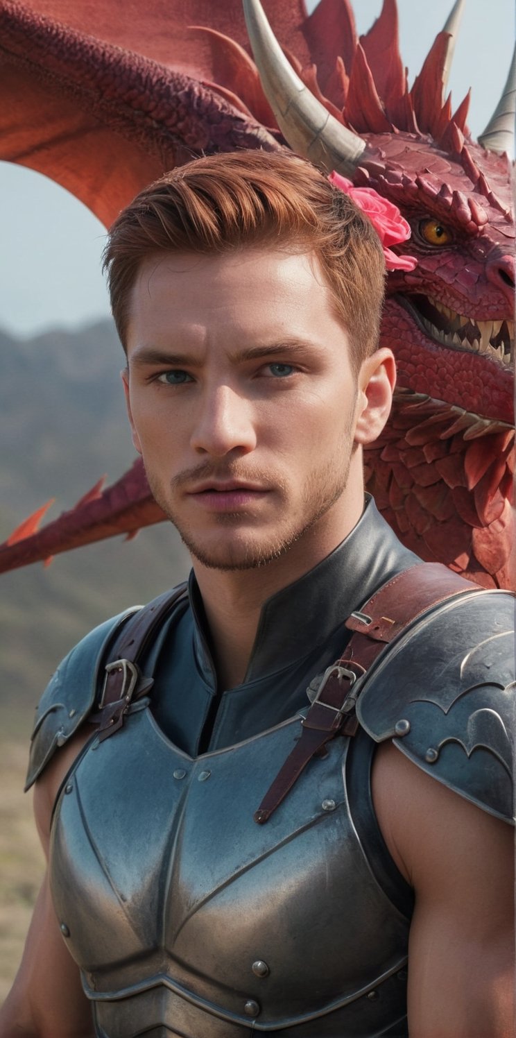 Imagine the following surreal scene:

A large red dragon flies, it is long with large wings.

In the center of the image in front of the dragon, a beautiful Latin man, 25yo, muscular, very light and bright blue eyes, straight ginger hair, short hair, long eyelashes, sensual lips and roses. Male.

(((wearing a armor))).

The lighting is natural. Highlighting the man and the details of the scene.