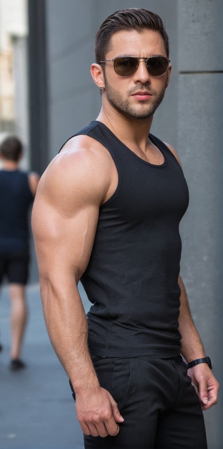 Imagine the following scene:

A close-up photo for Instagram of a beautiful man.

The man is Italian, 25yo, muscular, wearing sunglasses, full and pink lips. Dark brown hair, short hair, very straight hair. Centerline haircut, hair falls on both sides of the face.

The man wears a tight-fitting sleeveless vest, showing off his beefy arms. Tattoo on the arms. Black dress pants tight to his body. Big ass, big crotch.

The man walks confidently down a busy street. Male. Alfa male.

Many details. Beautiful image.