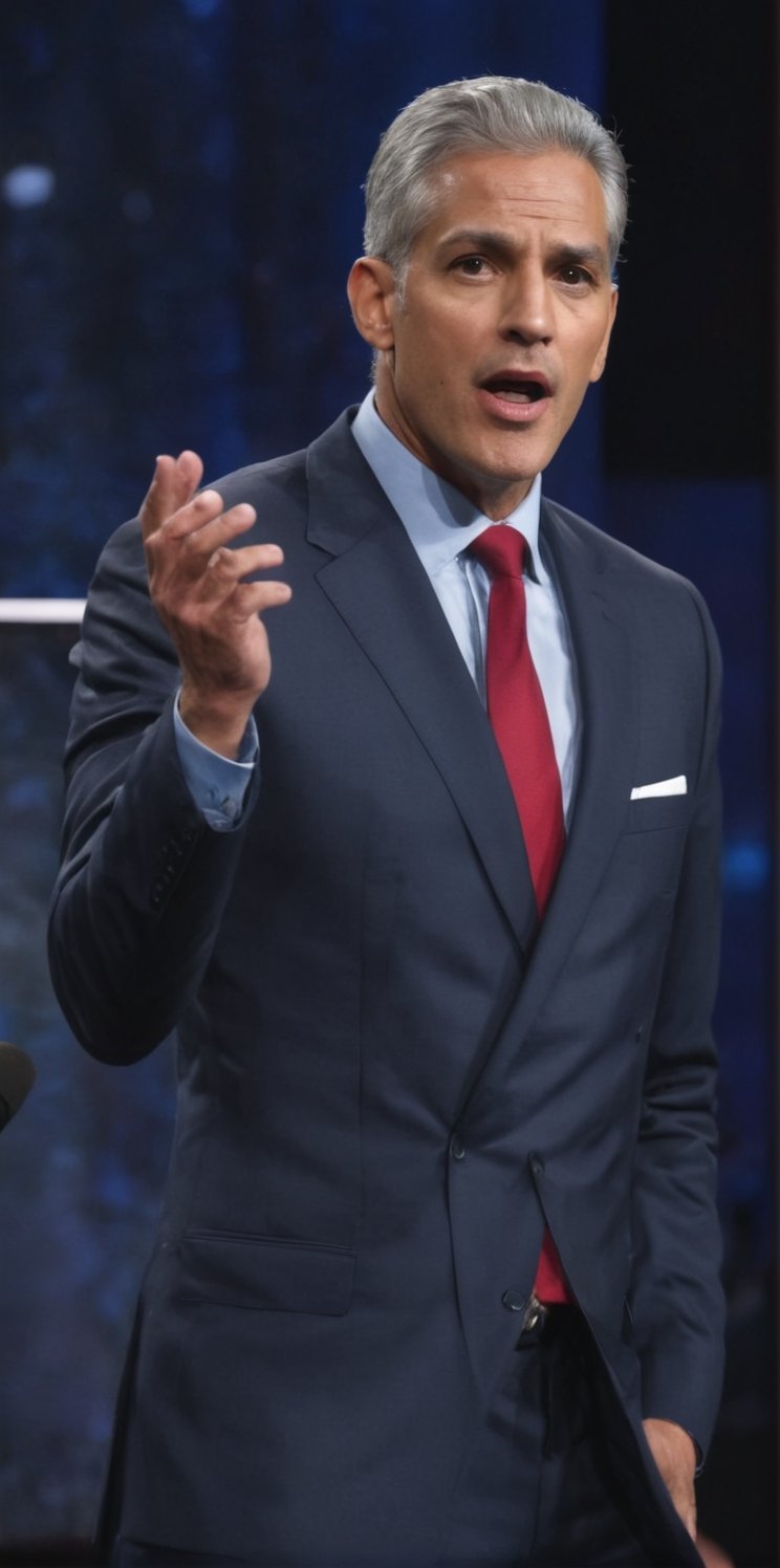 Imagine the following scene:

on a large stage with a podium in the center. A beautiful man speaks into a microphone.

The man is behind the podium, speaking into a microphone, he is a politician in a presidential campaign.

The man is Latino, 40yo, with gray hair in his hair, muscular, very light and bright blue eyes, big eyes, long eyelashes, full and red lips.

He wears a navy blue suit, black dress shoes. Red tie

His hands are raised, the audience speaks with emotion.

The shot is wide, to capture the details of the scene. best quality, 8K, high resolution, masterpiece, HD, perfect proportions, perfect hands.