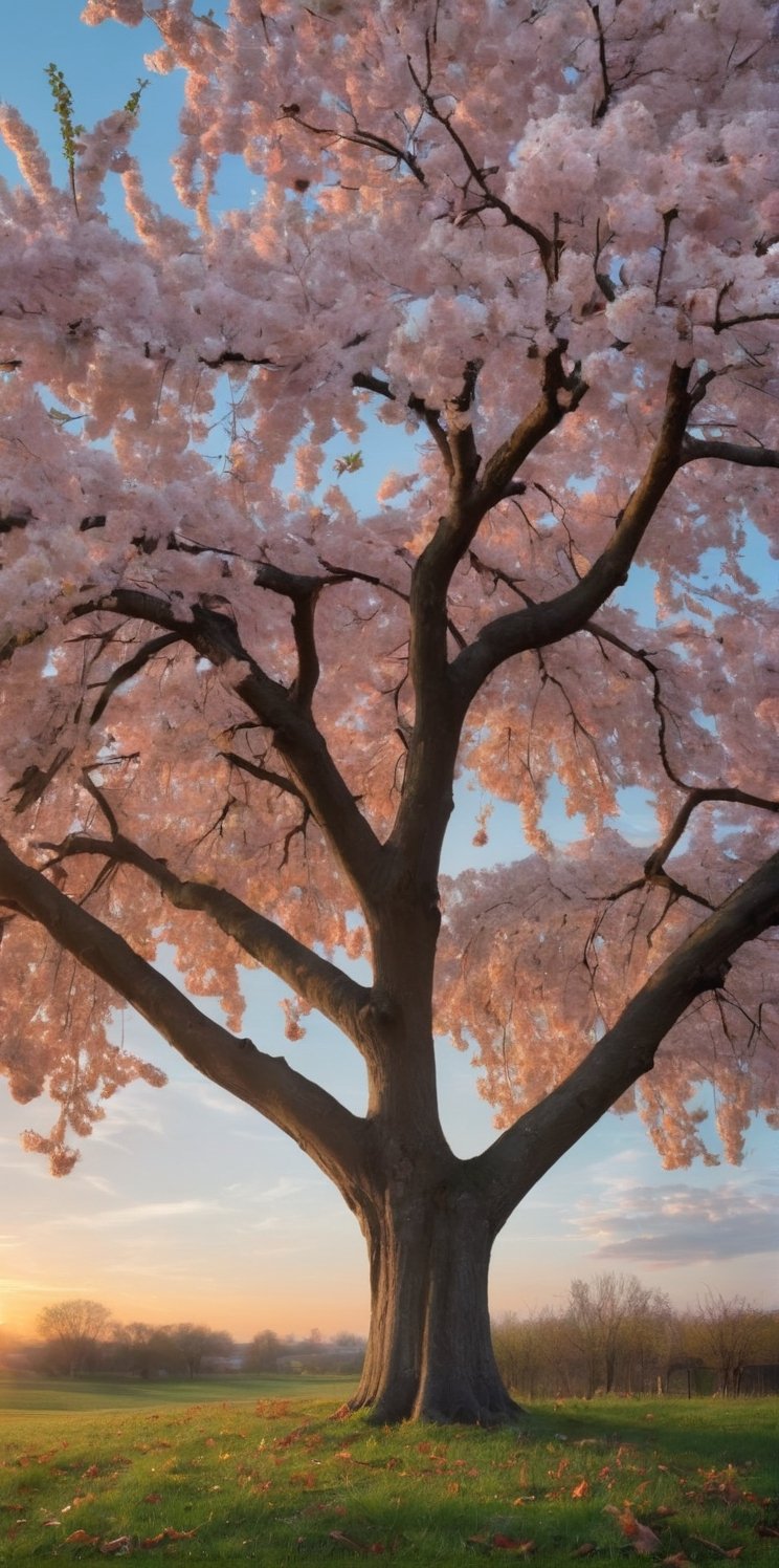 Imagine the following scene:

Realistic photograph of a large cherry tree, leaves fall to the ground, there are leaves in the air, it is a melancholic but beautiful image. It is a beautiful sunset, with many colors in the sky.

best quality, 8K, high resolution, masterpiece, HD, perfect proportions, perfect hands.
