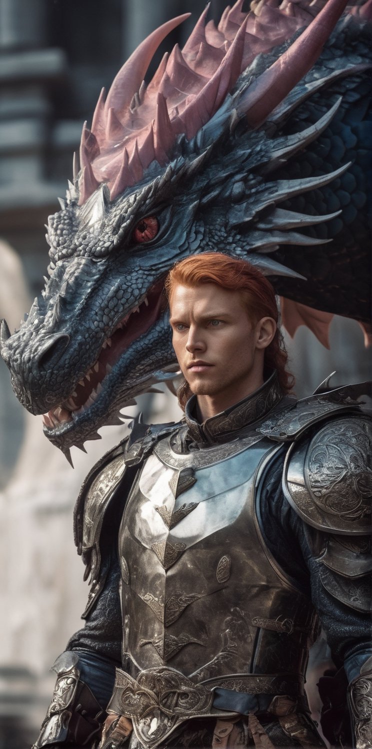 Imagine the following surreal scene:

A large black dragon flies, it is long with large wings.

In the center of the image in front of the dragon, a beautiful Latin man in armor, 25yo, muscular, very light and bright blue eyes, straight ginger hair, short hair, long eyelashes, sensual lips and pink. Male. very freckled

(((wearing a armor))).

The lighting is natural. Highlighting the man and the details of the scene. The focus on the dragon