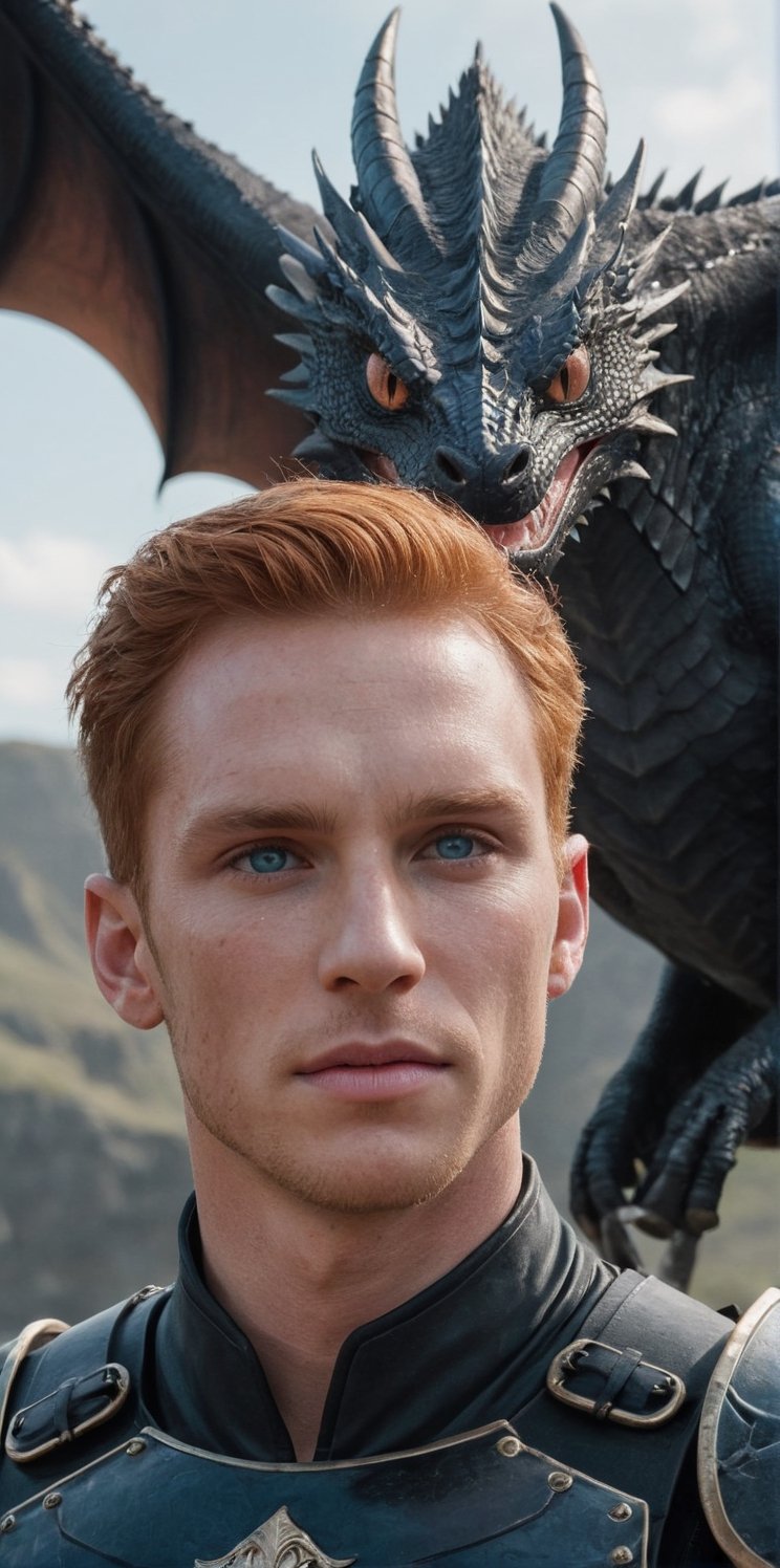 Imagine the following surreal scene:

A large black dragon flies, it is long with large wings.

In the center of the image in front of the dragon, a beautiful Latin man in armor, 25yo, muscular, very light and bright blue eyes, straight ginger hair, short hair, long eyelashes, sensual lips and pink. Male. very freckled

(((wearing a armor))).

The lighting is natural. Highlighting the man and the details of the scene. The focus on the dragon